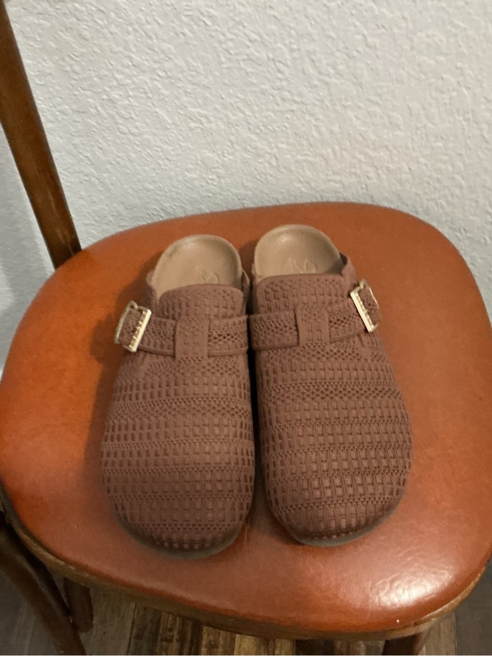 Woman’s Brown Crochet Slip-On Clog with Buckle